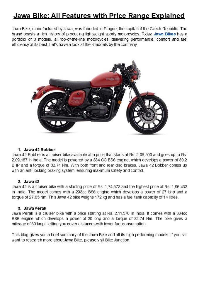Jawa Bike: All Features with Price Range Explained