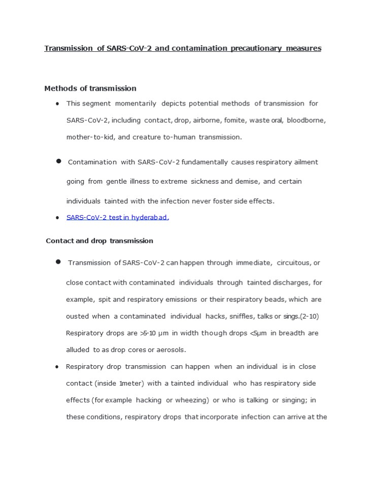 Transmission of SARS-CoV-2 and contamination precautionary measures
