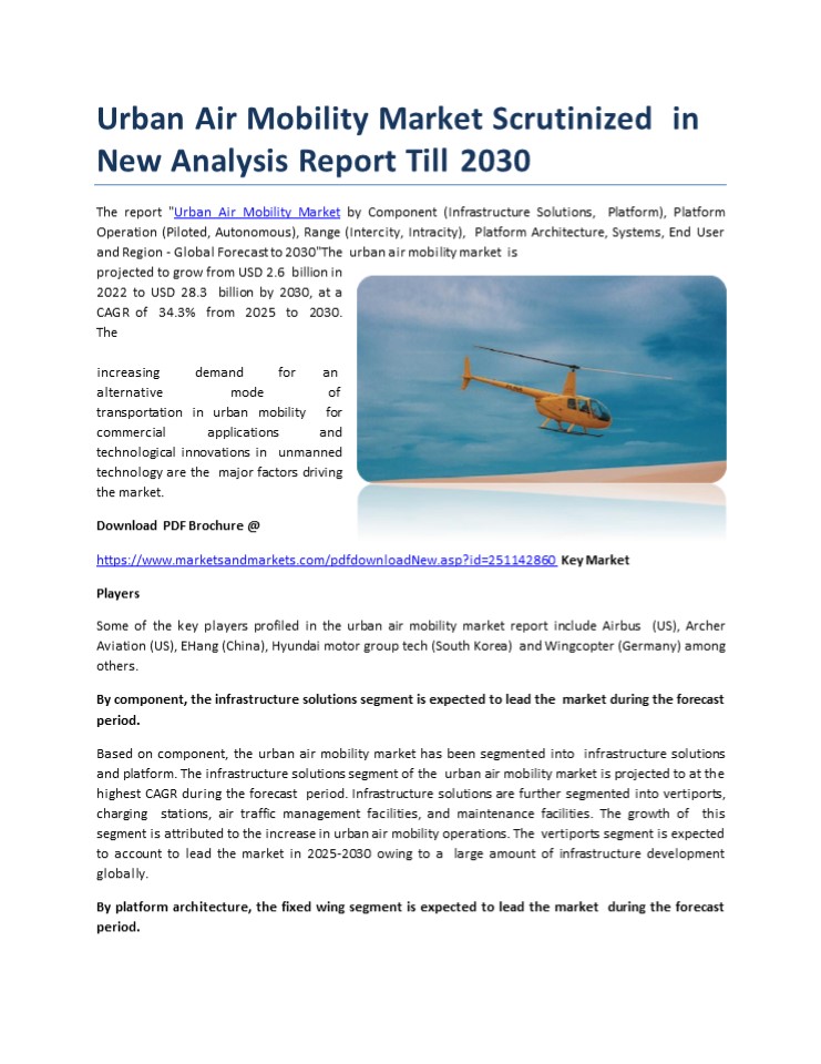 Urban Air Mobility Market Scrutinized in The New Analysis Report till 2030