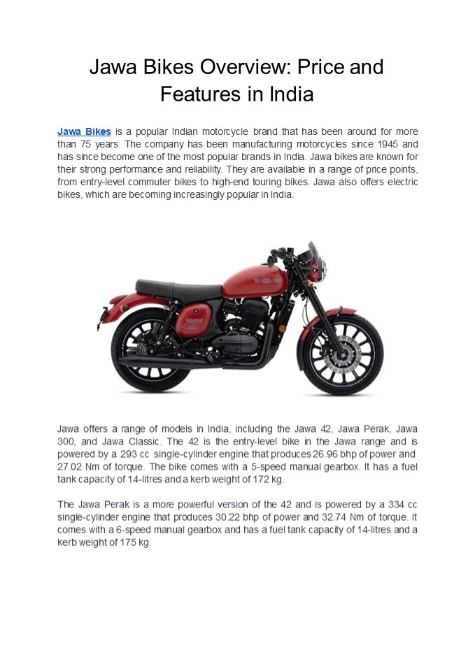 Jawa Bikes Overview: Price and Features in India