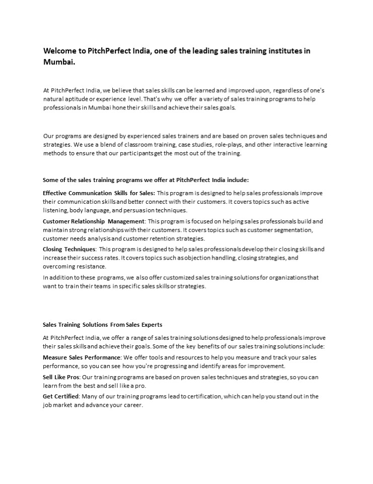 Best Sales Training Institue - Pitch Perfect India