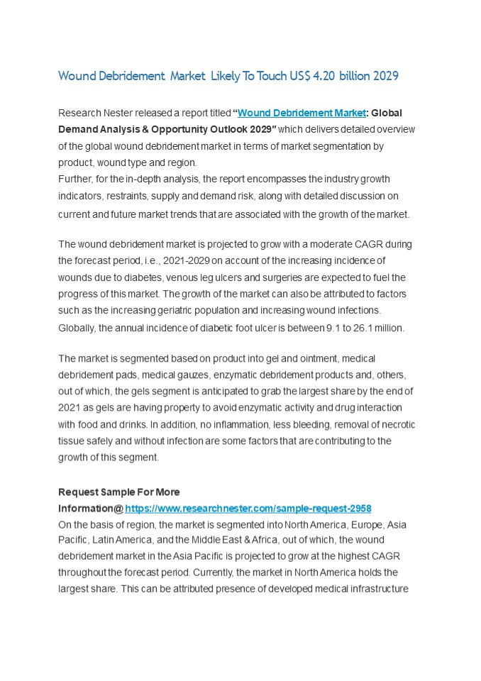 Wound Debridement Market Likely To Touch US$ 4.20 billion 2029