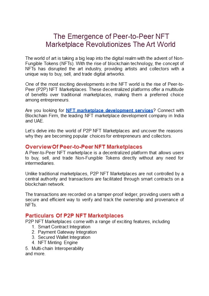 The Emergence Of Peer-to-Peer NFT Marketplace Revolutionizes The Art World