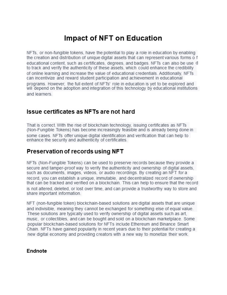 Impact of NFT on Education