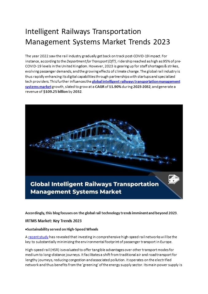Intelligent Railways Transportation Management Systems Market Trends 2023