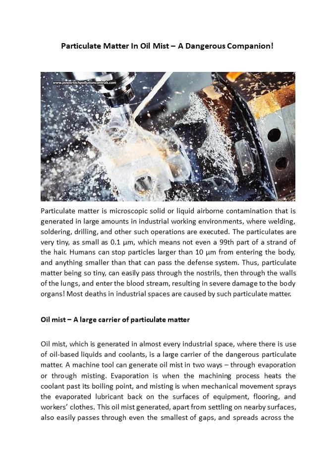 Particulate Matter In Oil Mist – A Dangerous Companion!