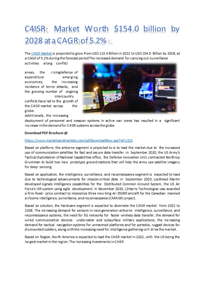 C4ISR Market Worth $154.0 billion by 2028 at a CAGR of 5.2%