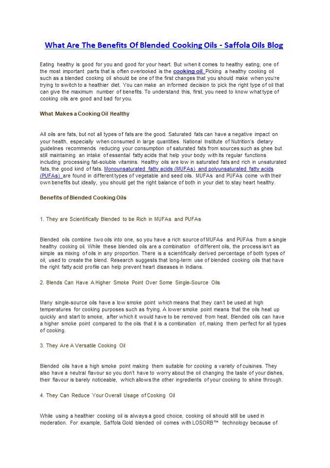 What Are The Benefits Of Blended Cooking Oils - Saffola Oils Blog