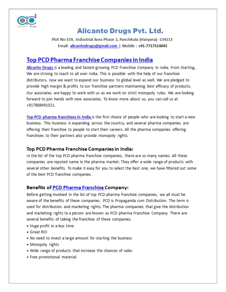 Top PCD Pharma Franchise Company In India - Alicanto Drugs