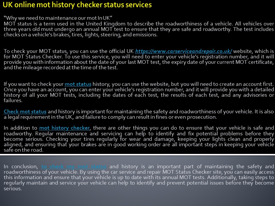 MOT online service In UK check status