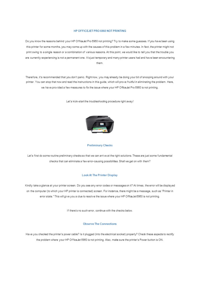 HP OFFICEJET PRO 6960 NOT PRINTING