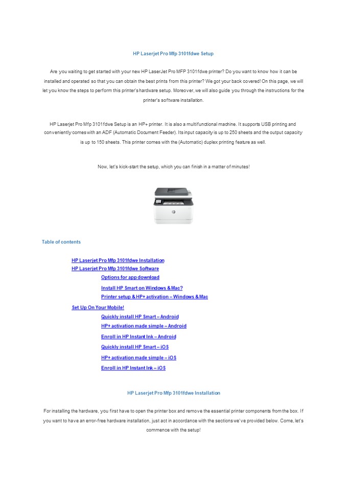 HP Laserjet Pro Mfp 3101fdwe Setup