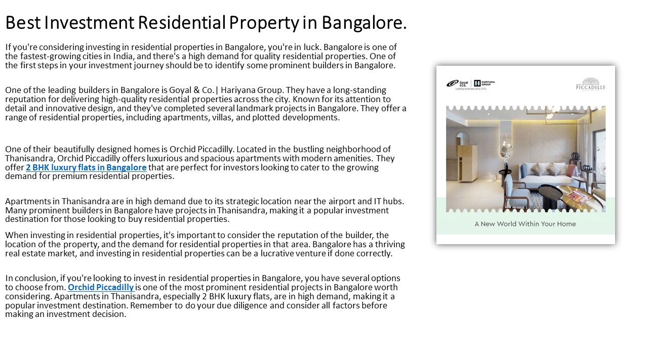 Best Investment Residential Property in Bangalore.