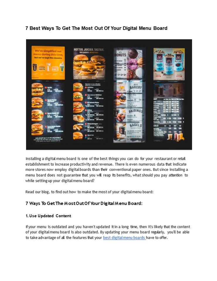 Digital signage restaurant menu