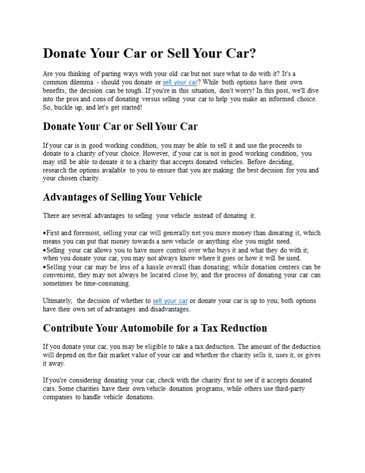 Donate Your Car or Sell Your Car?