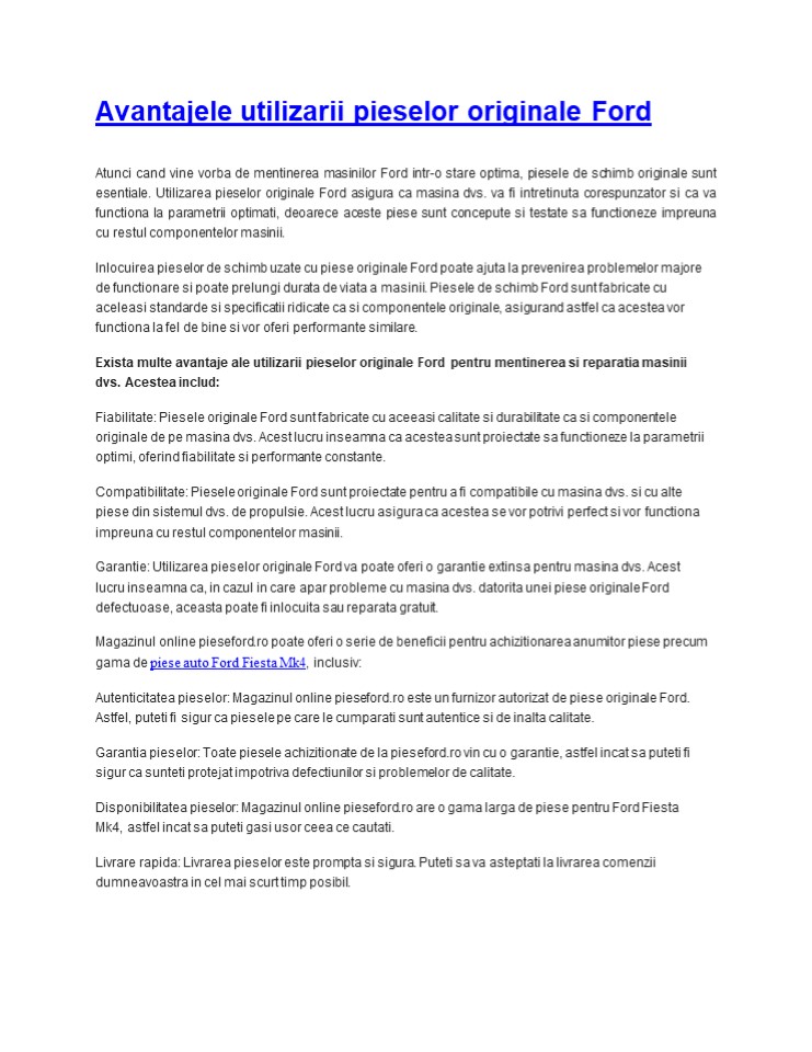 Avantajele utilizarii pieselor originale Ford