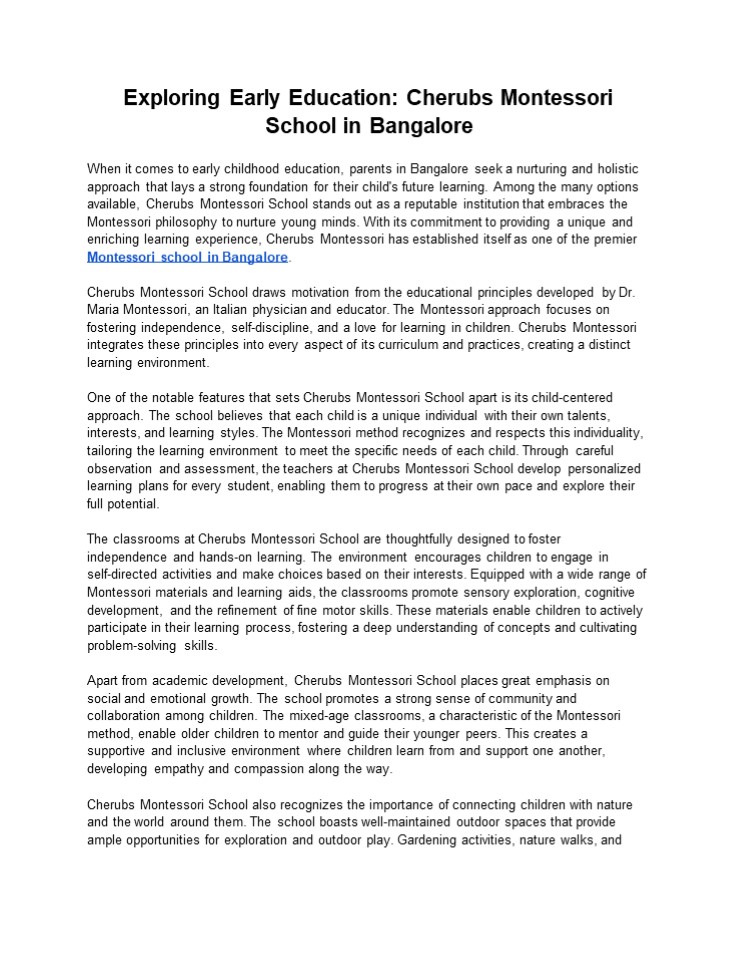 Exploring Early Education: Cherubs Montessori School in Bangalore ...