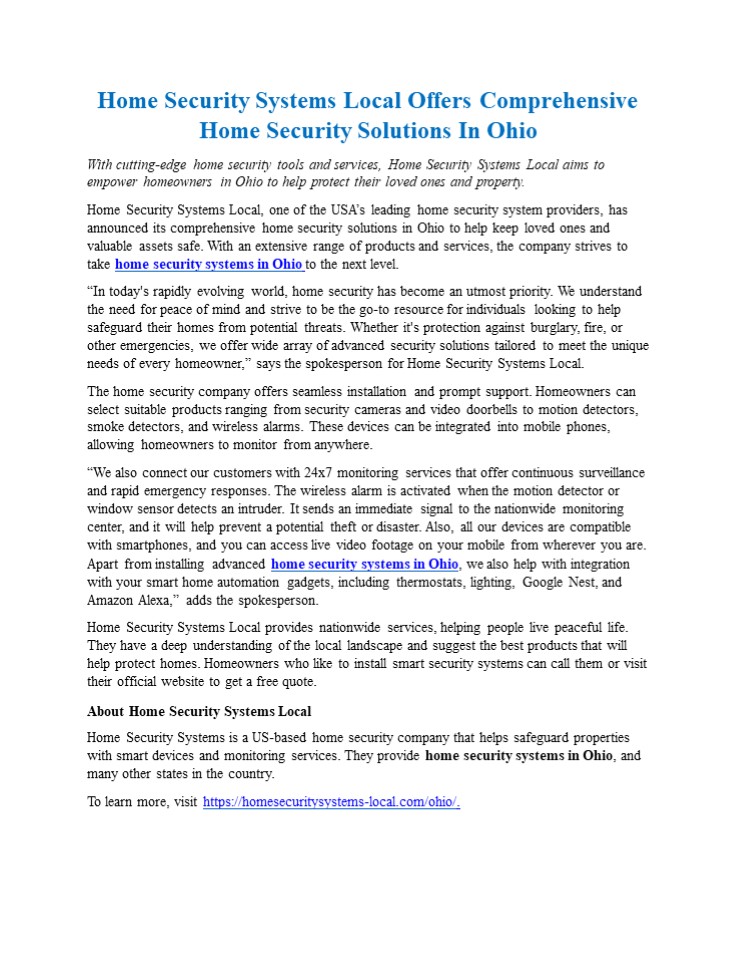 Home Security Systems Local Offers Comprehensive Home Security Solutions In Ohio