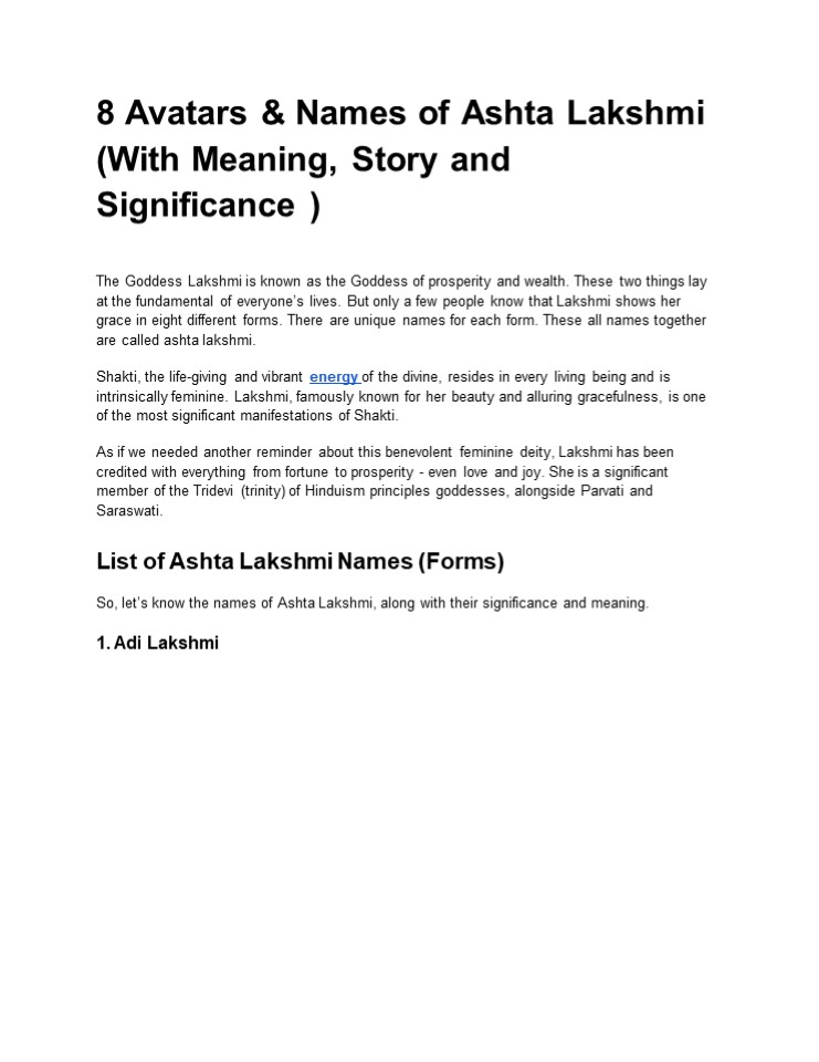 8 Avatars & Names of Ashta Lakshmi