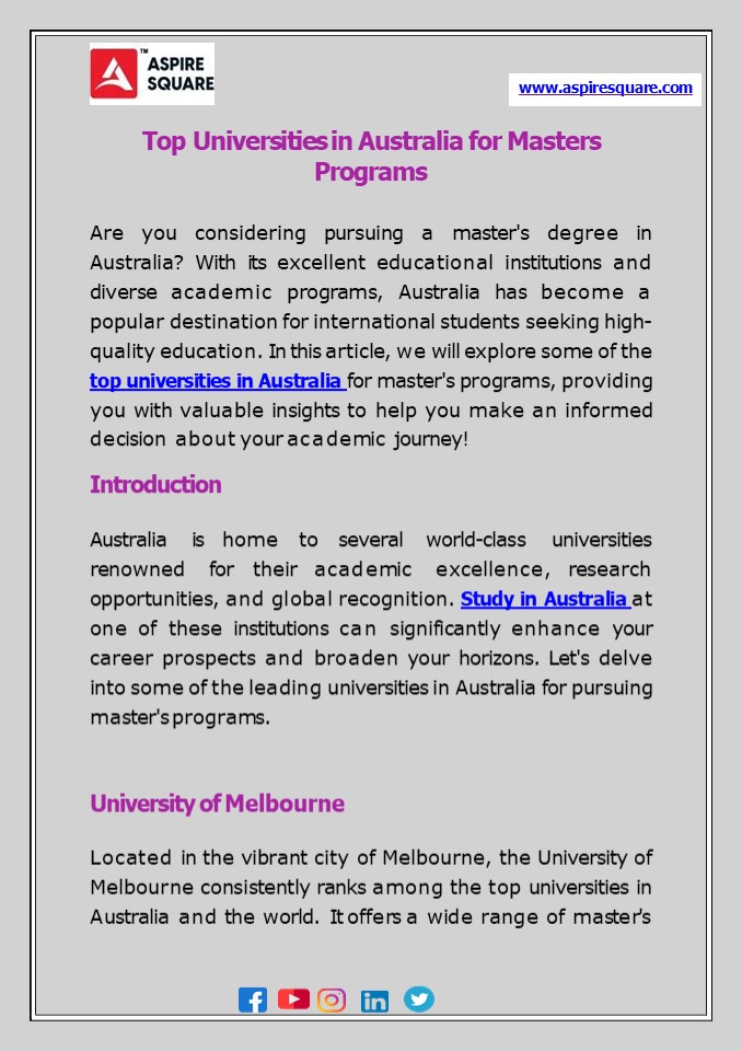 Top Universities in Australia for Masters Programs