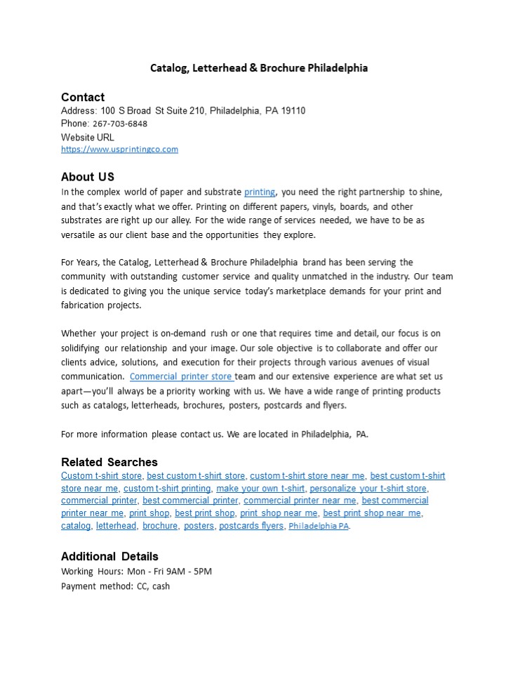 Catalog, Letterhead & Brochure Philadelphia