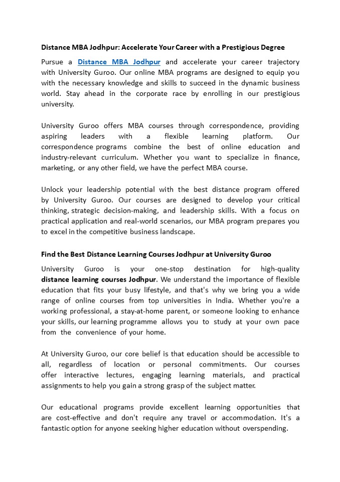 Distance MBA Jodhpur: Accelerate Your Career with a Prestigious Degree