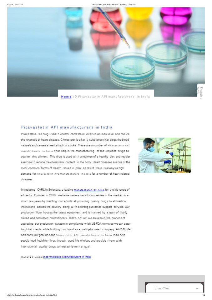 Pitavastatin API manufacturers in India