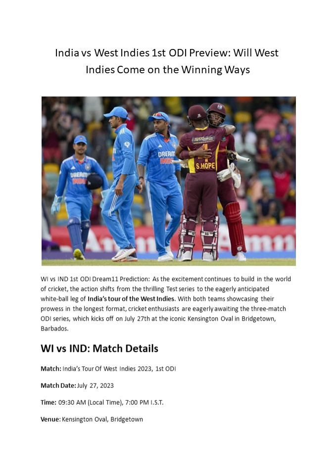 WI vs IND 1st ODI Dream11 Prediction