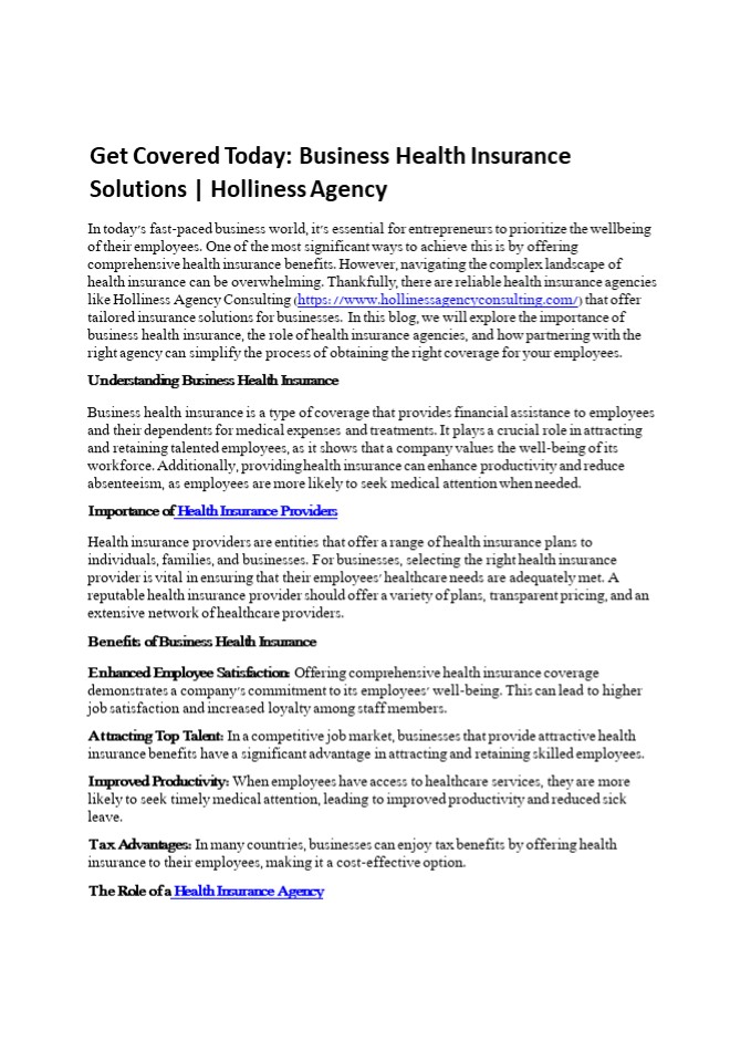 Get Covered Today: Business Health Insurance Solutions | Holliness Agency