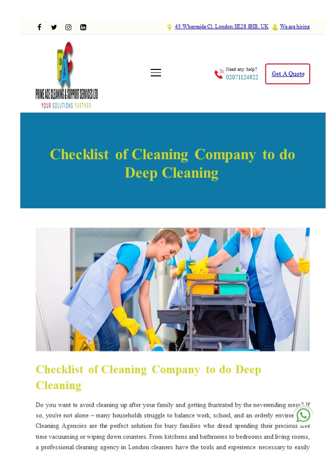Checklist of Cleaning Company to do Deep Cleaning