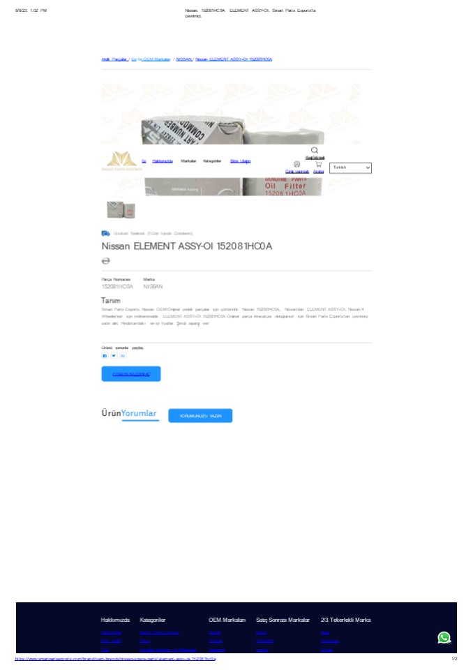 152081HC0A Orijinal Nissan yağ filtresi: Hindistan'dan İhracatçı