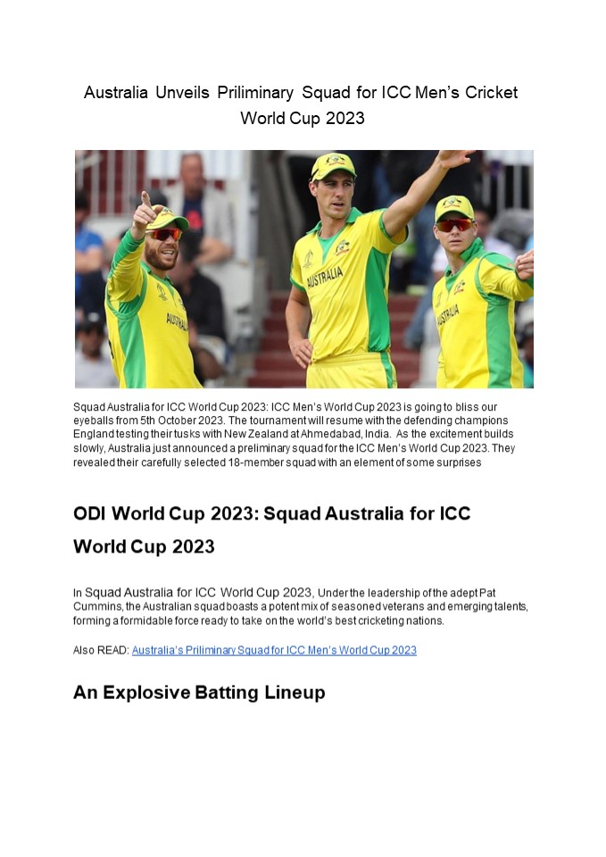 Squad Australia for ICC World Cup 2023