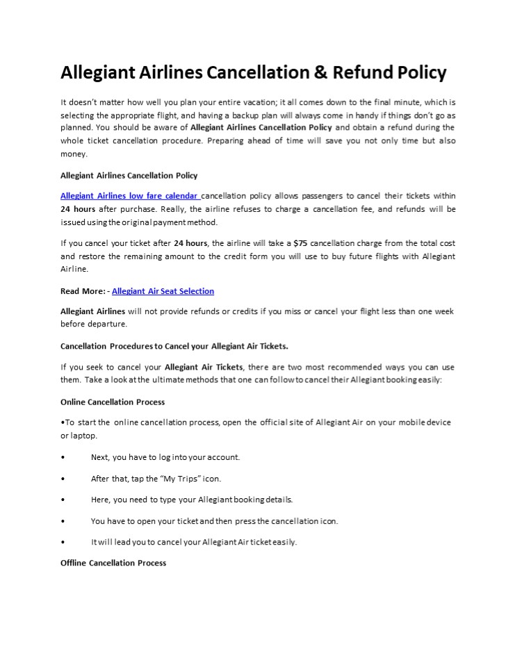 Allegiant Airlines Cancellation & Refund Policy