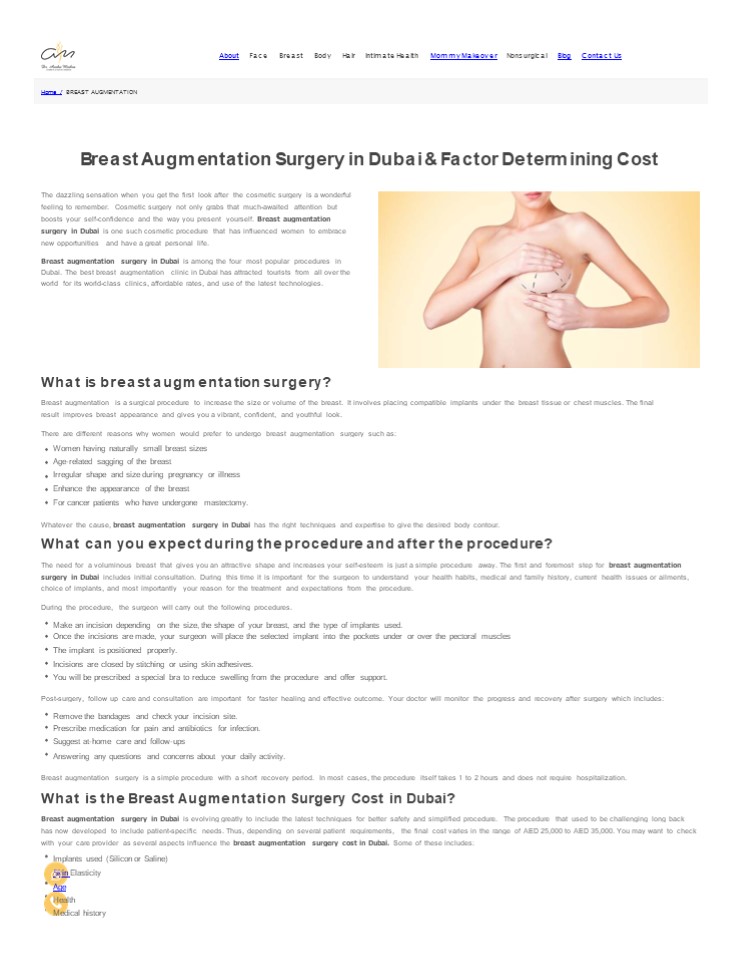 Breast Augmentation Surgery in Dubai & Factor Determining Cost