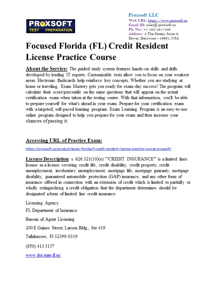 Focused Florida (FL) Credit Resident License Practice Course