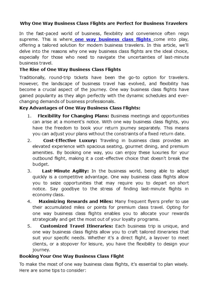 Why One Way Business Class Flights are Perfect for Business Travelers