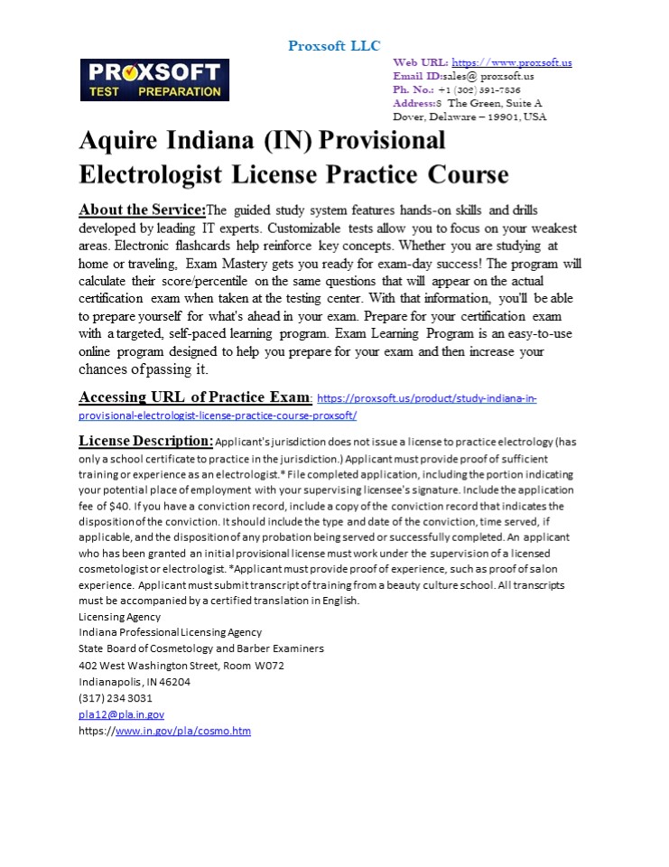 Aquire Indiana (IN) Provisional Electrologist License Practice Course