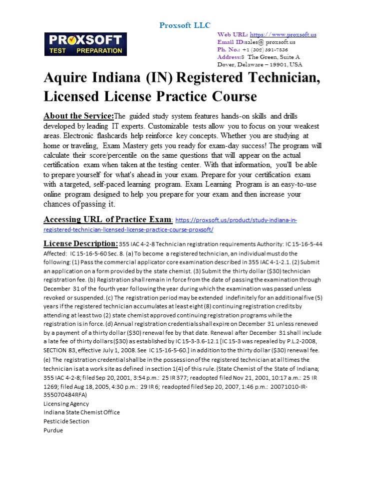 Aquire Indiana (IN) Registered Technician, Licensed License Practice Course