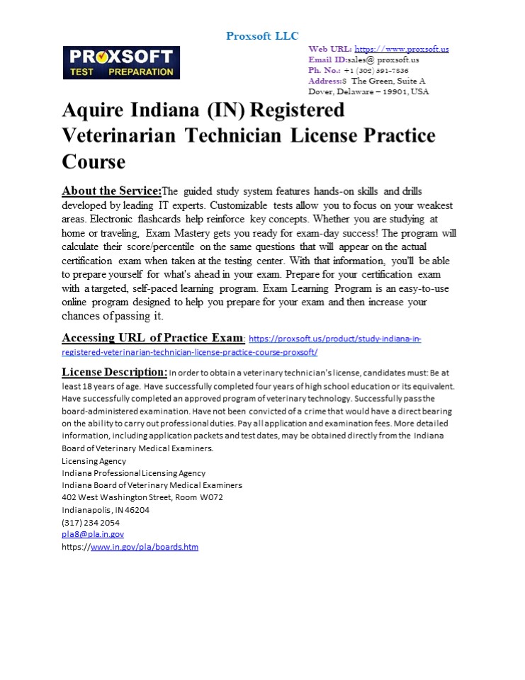 Aquire Indiana (IN) Registered Veterinarian Technician License Practice Course