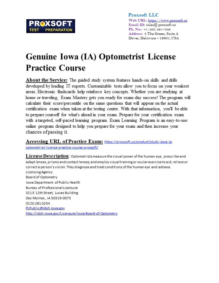 Genuine Iowa (IA) Optometrist License Practice Course
