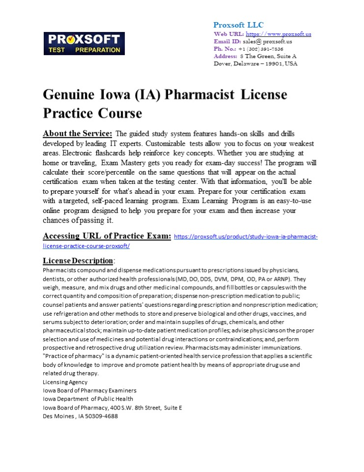 Genuine Iowa (IA) Pharmacist License Practice Course