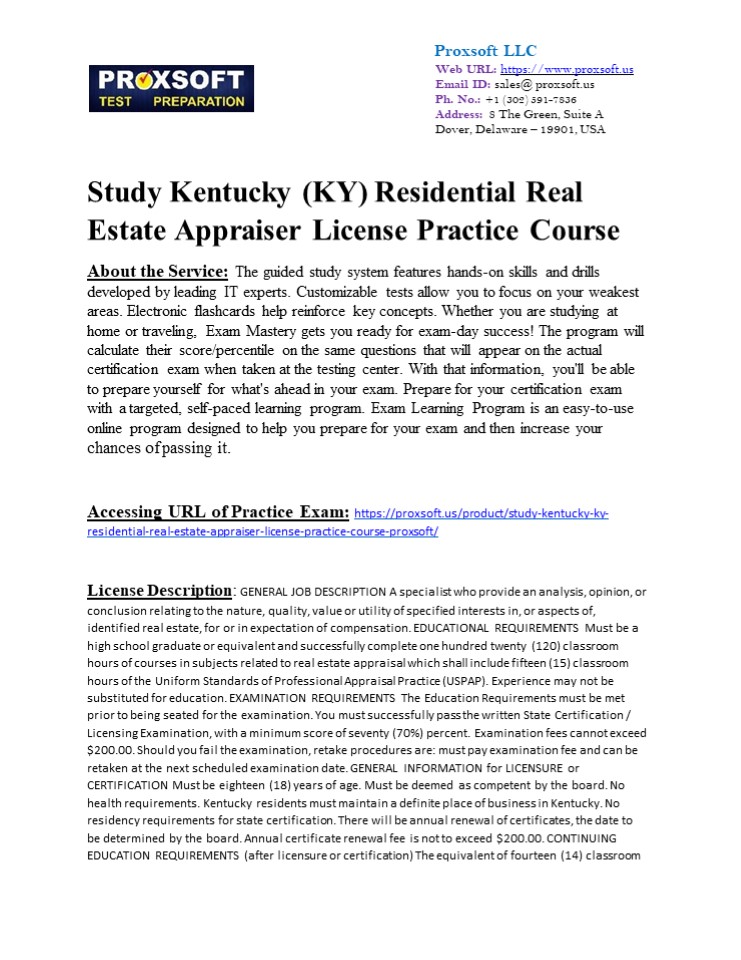 Study Kentucky (KY) Residential Real Estate Appraiser License Practice Course