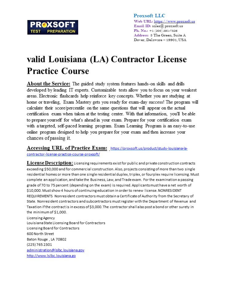valid Louisiana (LA) Contractor License Practice Course