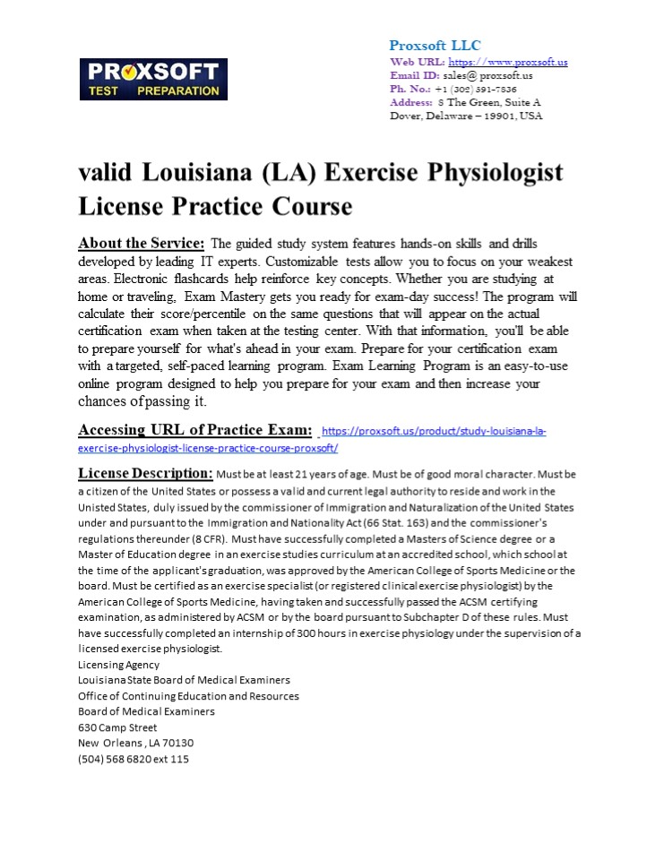 valid Louisiana (LA) Exercise Physiologist License Practice Course