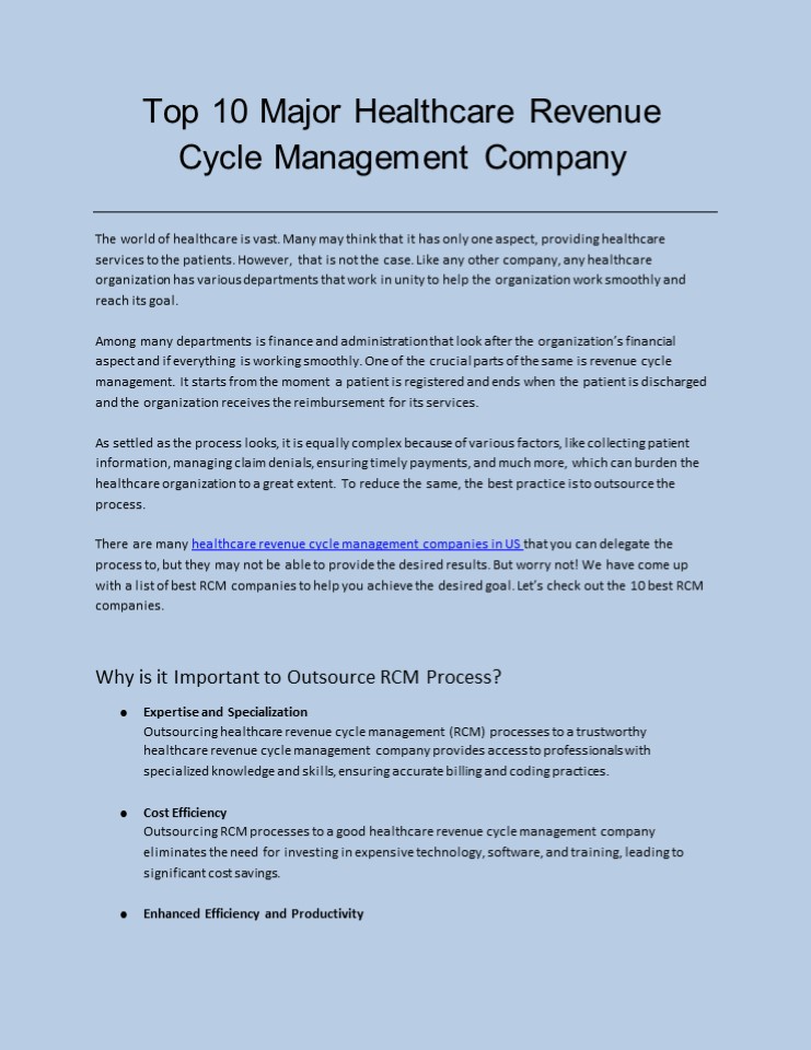 TOP 10 MAJOR HEALTHCARE REVENUE CYCLE MANAGEMENT COMPANY