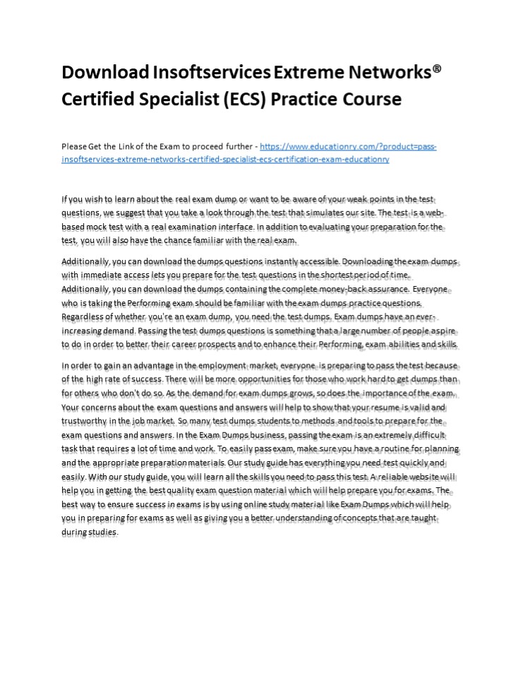 Download Insoftservices Extreme Networks® Certified Specialist (ECS) Practice Course