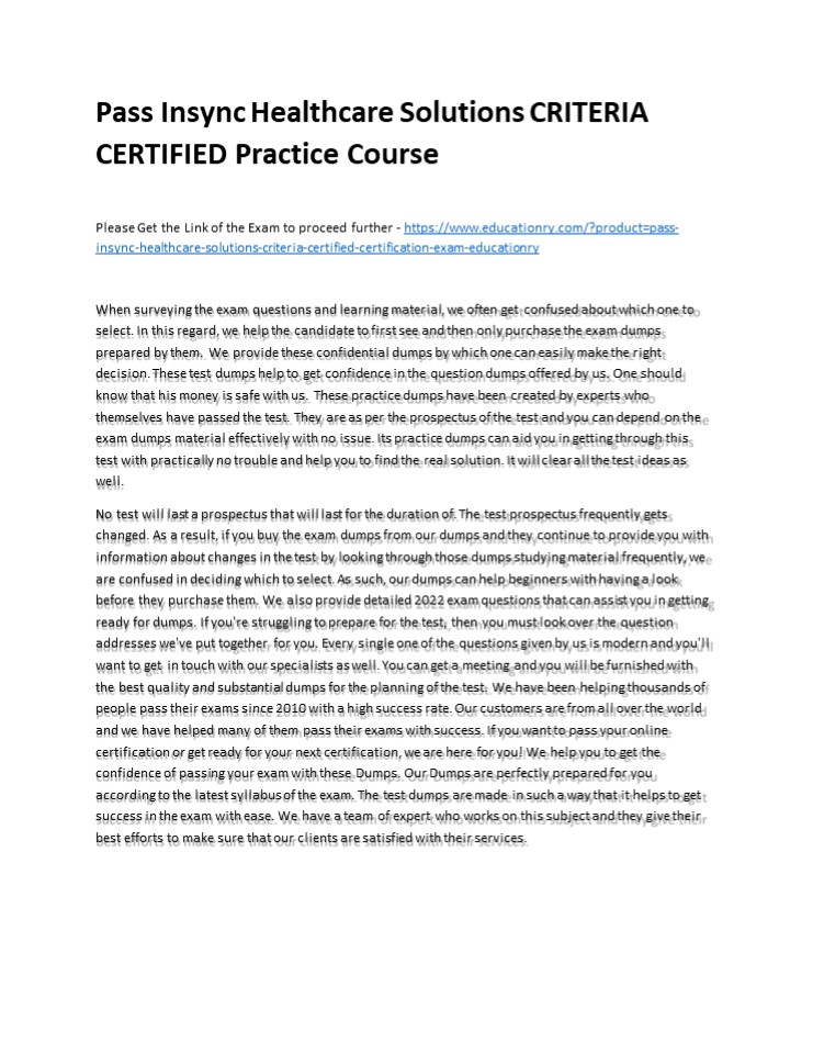 Pass Insync Healthcare Solutions CRITERIA CERTIFIED Practice Course