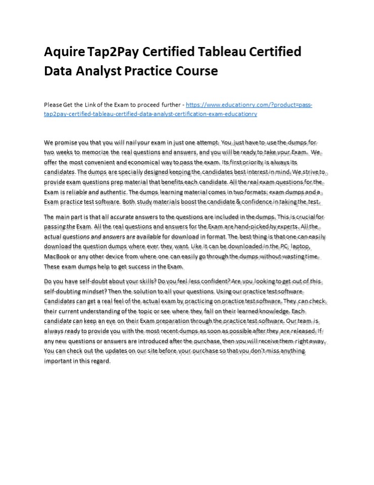Aquire Tap2Pay Certified Tableau Certified Data Analyst Practice Course
