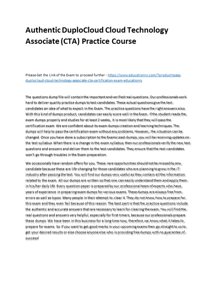 Authentic DuploCloud Cloud Technology Associate (CTA) Practice Course