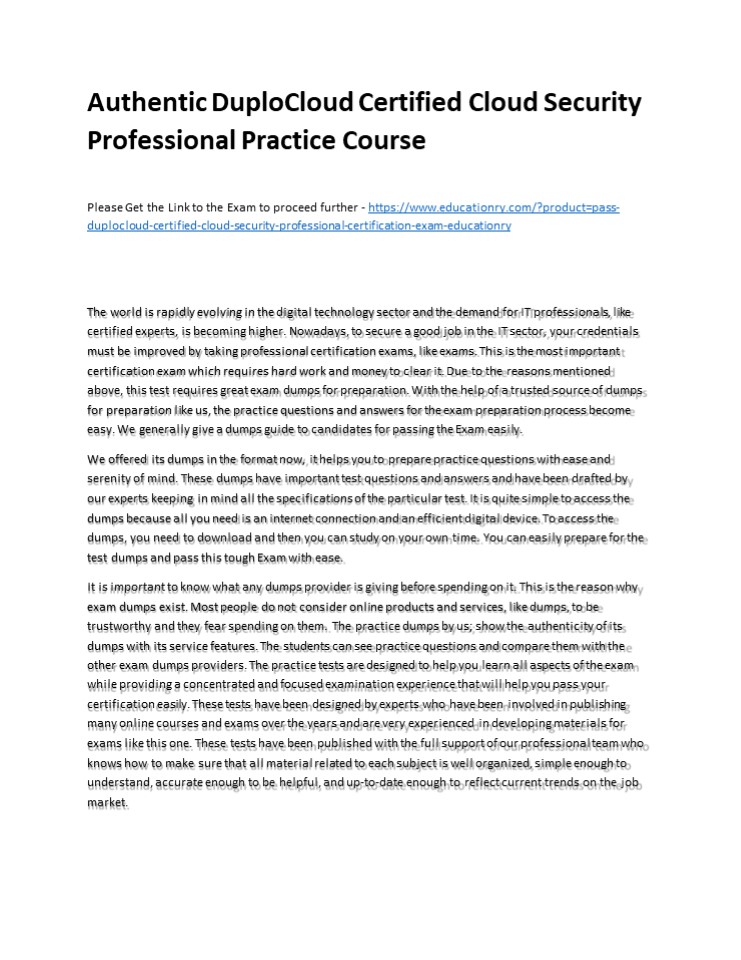 Authentic DuploCloud Certified Cloud Security Professional Practice Course